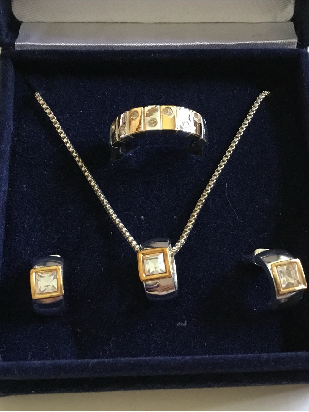Two-Tone Gold and Silver Square Crystal Pendant Necklace Ring Earrings set